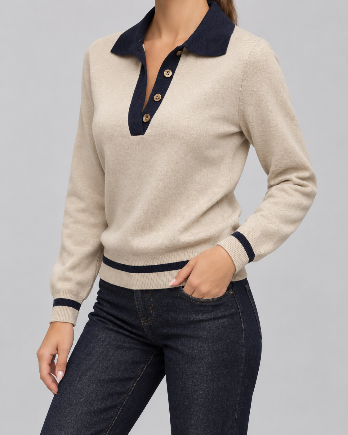 Contrast Collar Button Placket Knit Polo Sweater