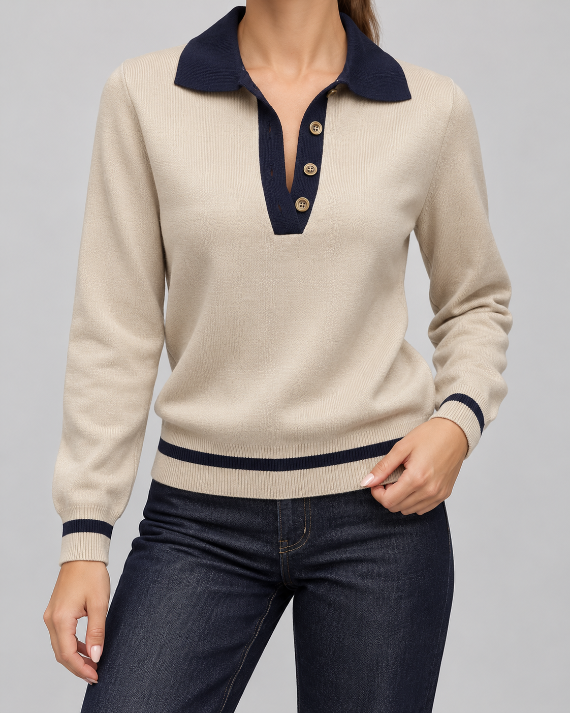 Contrast Collar Button Placket Knit Polo Sweater