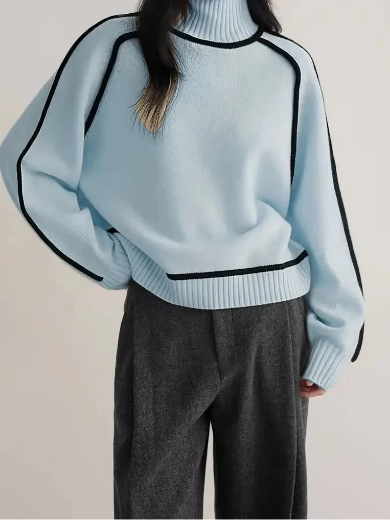 Turtleneck Long Sleeve Contrast Trim Sweater