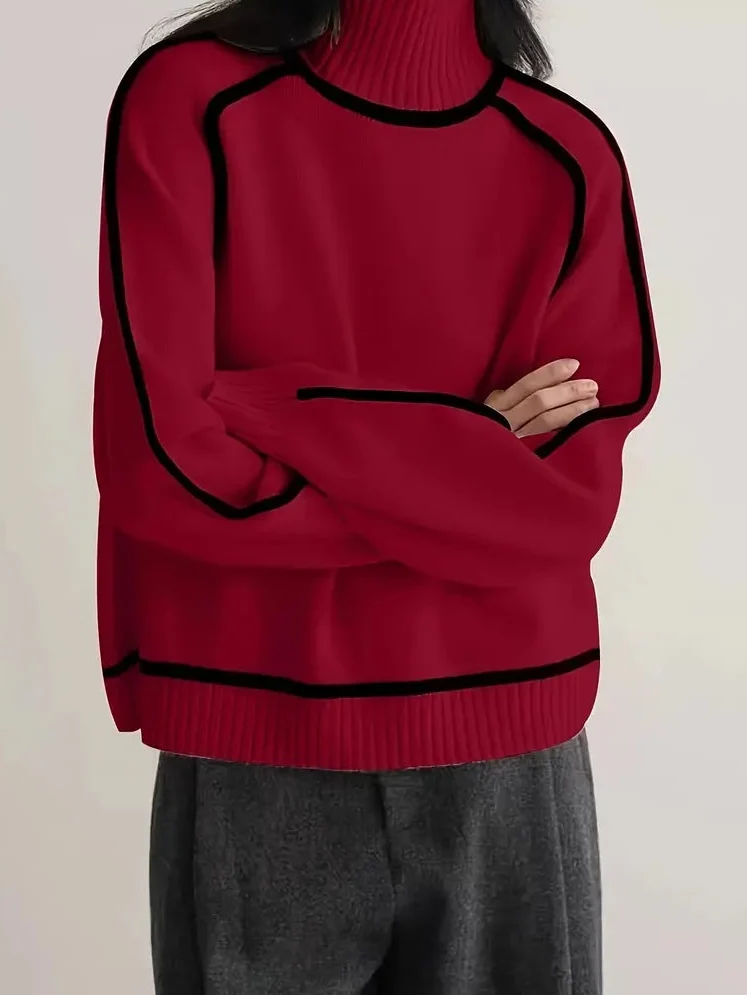 Turtleneck Long Sleeve Contrast Trim Sweater