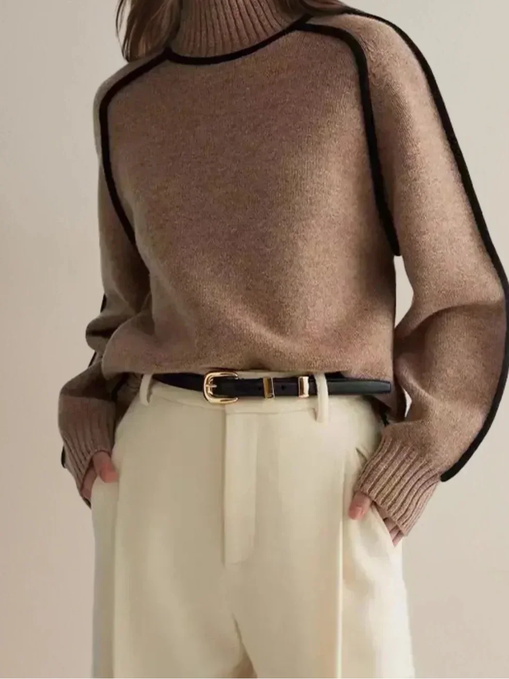 Turtleneck Long Sleeve Contrast Trim Sweater