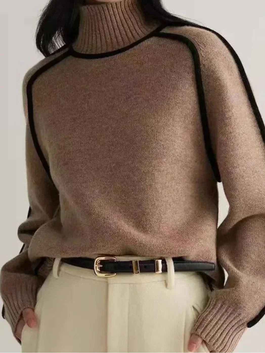 Turtleneck Long Sleeve Contrast Trim Sweater