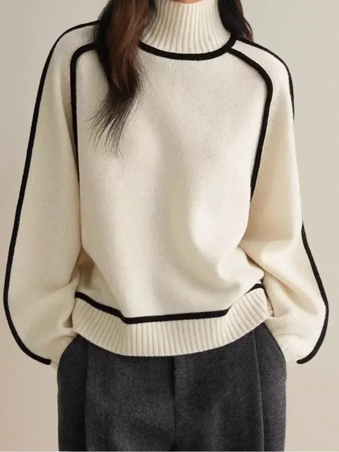 Turtleneck Long Sleeve Contrast Trim Sweater