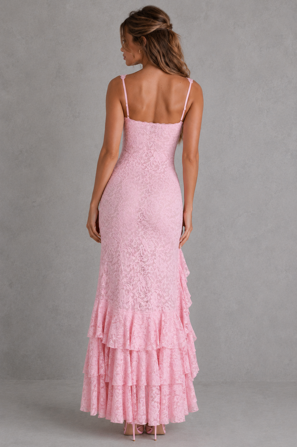 Women's Lace Maxi Dress with High Split & Ruffle Hem
