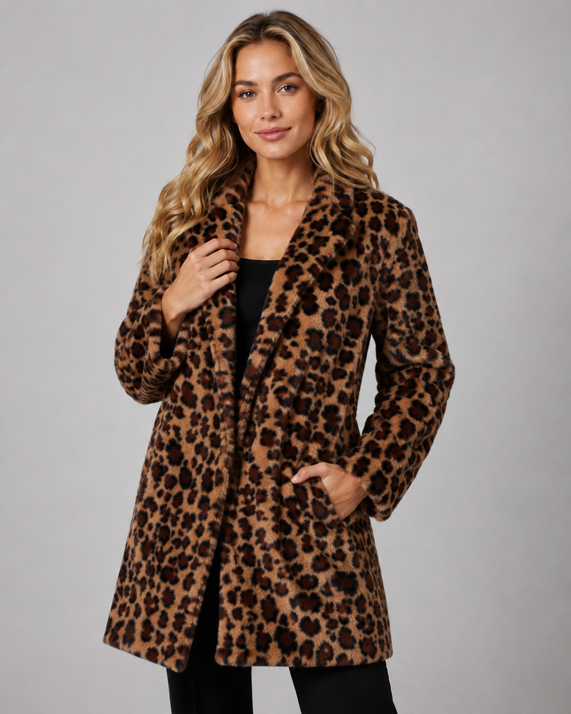 Leopard Print Faux Fur Shawl Collar Longline Coat