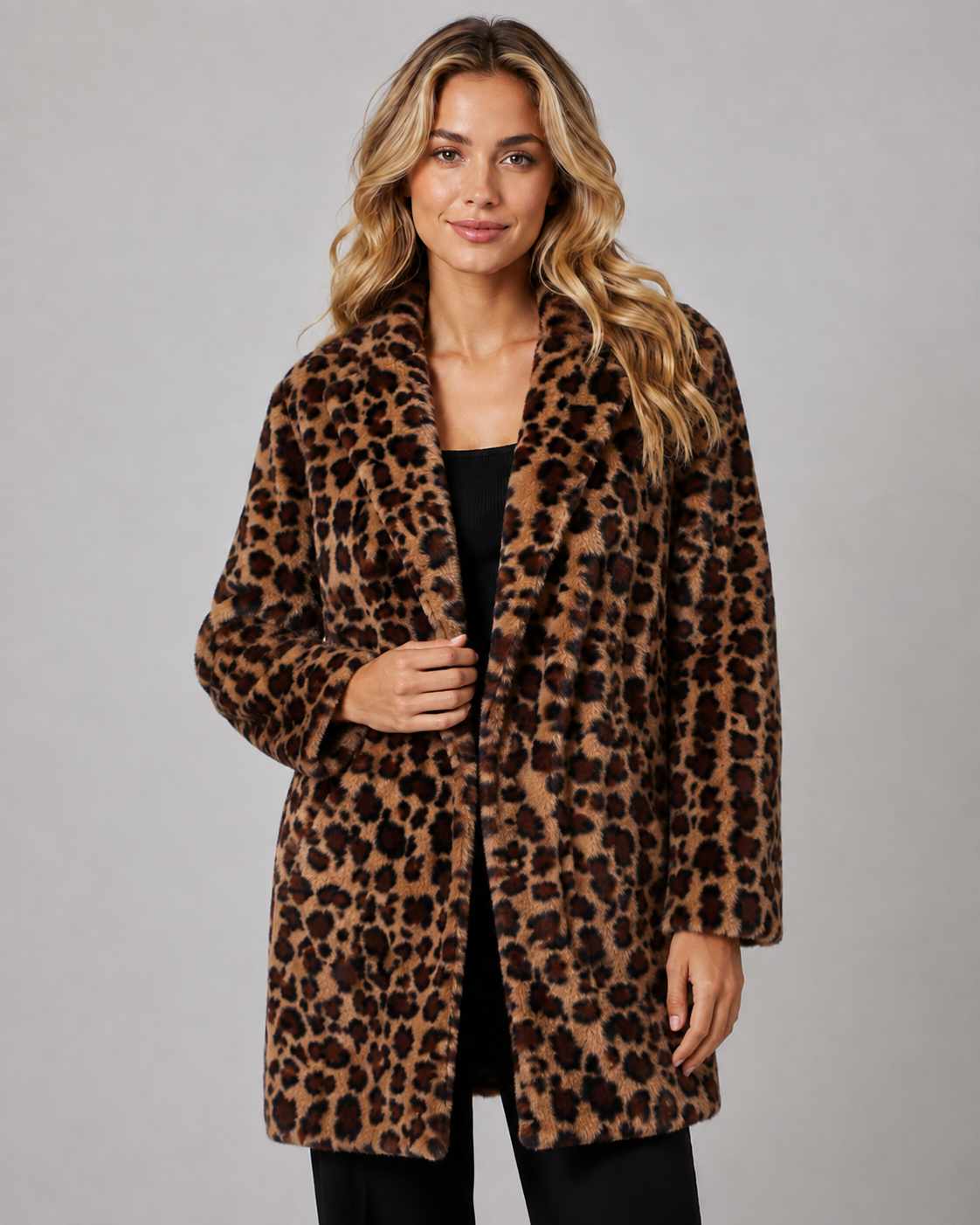 Leopard Print Faux Fur Shawl Collar Longline Coat