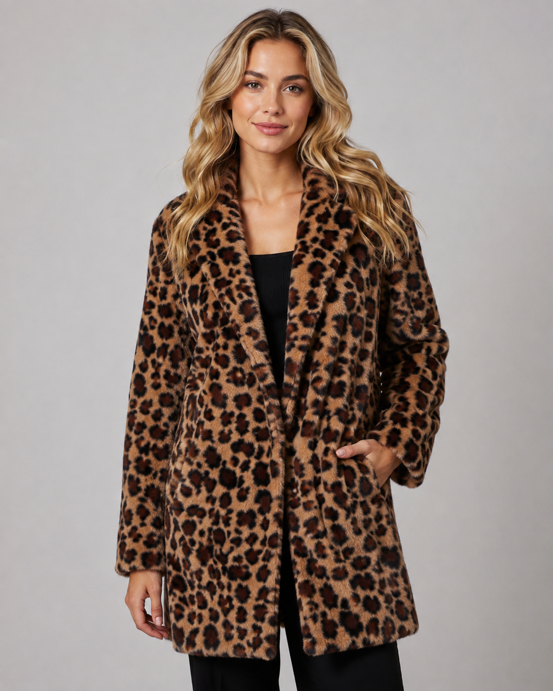 Leopard Print Faux Fur Shawl Collar Longline Coat