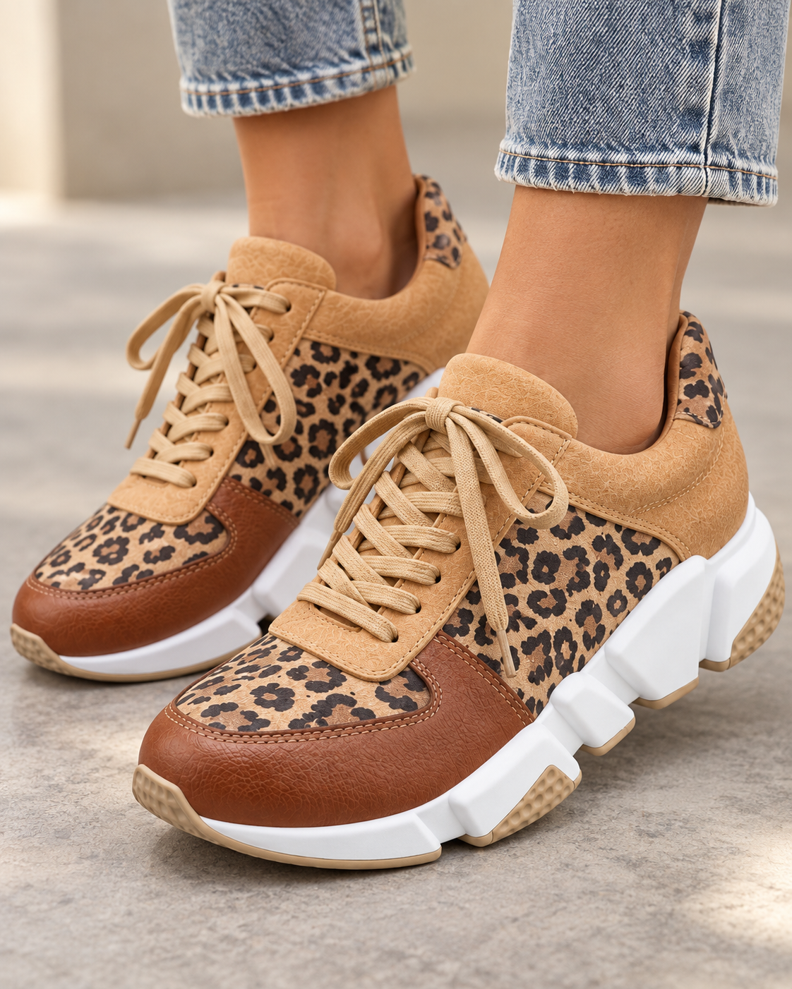 Leopard Print Lace Up Chunky Lug Sole Sneakers