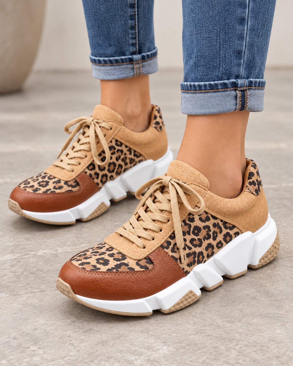 Leopard Print Lace Up Chunky Lug Sole Sneakers