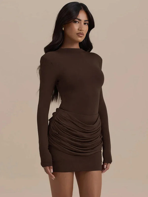 High Neck Long Sleeve Ruched Bodycon Mini Dress 3