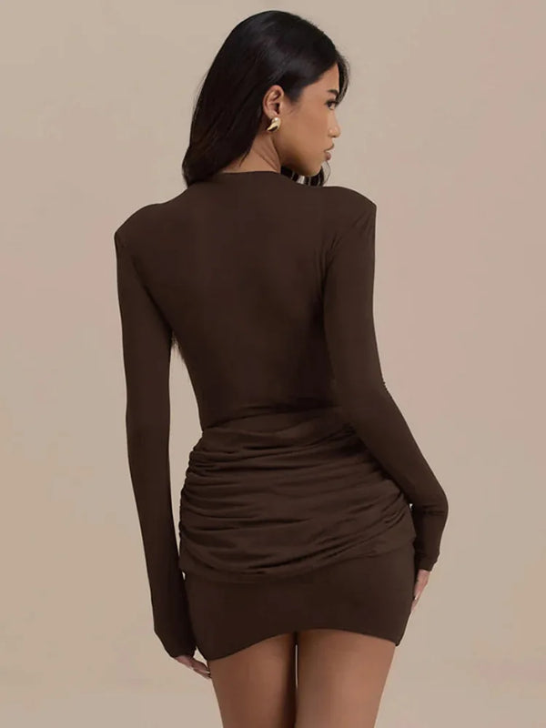 High Neck Long Sleeve Ruched Bodycon Mini Dress 4