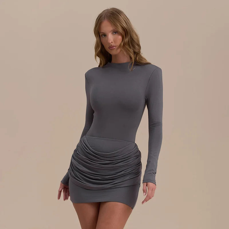 High Neck Long Sleeve Ruched Bodycon Mini Dress 7