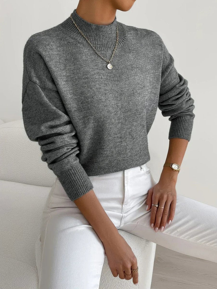 Mock Neck Drop Shoulder Long Sleeve Knit Sweater