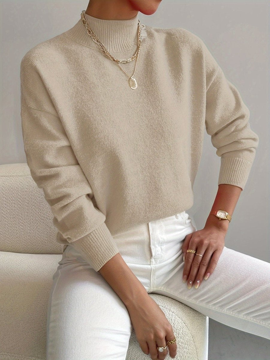 Mock Neck Drop Shoulder Long Sleeve Knit Sweater