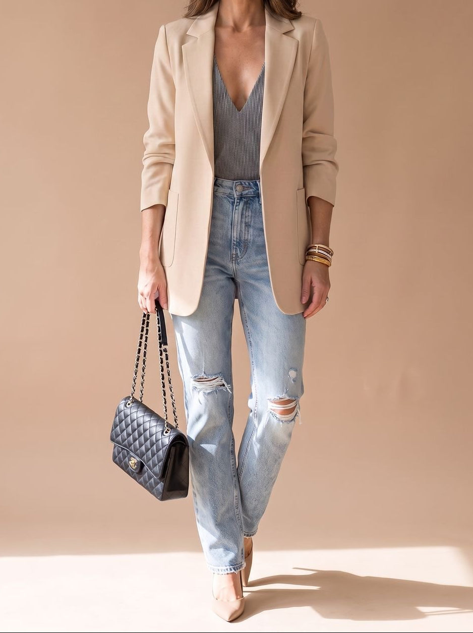 Open Front Notch Lapel Longline Blazer