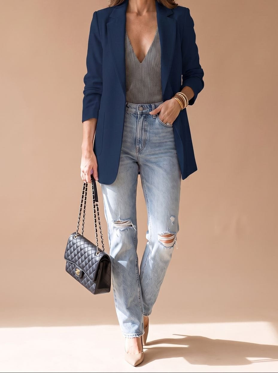 Open Front Notch Lapel Longline Blazer