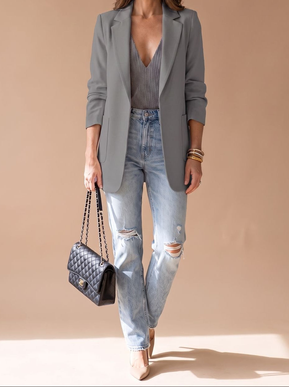 Open Front Notch Lapel Longline Blazer