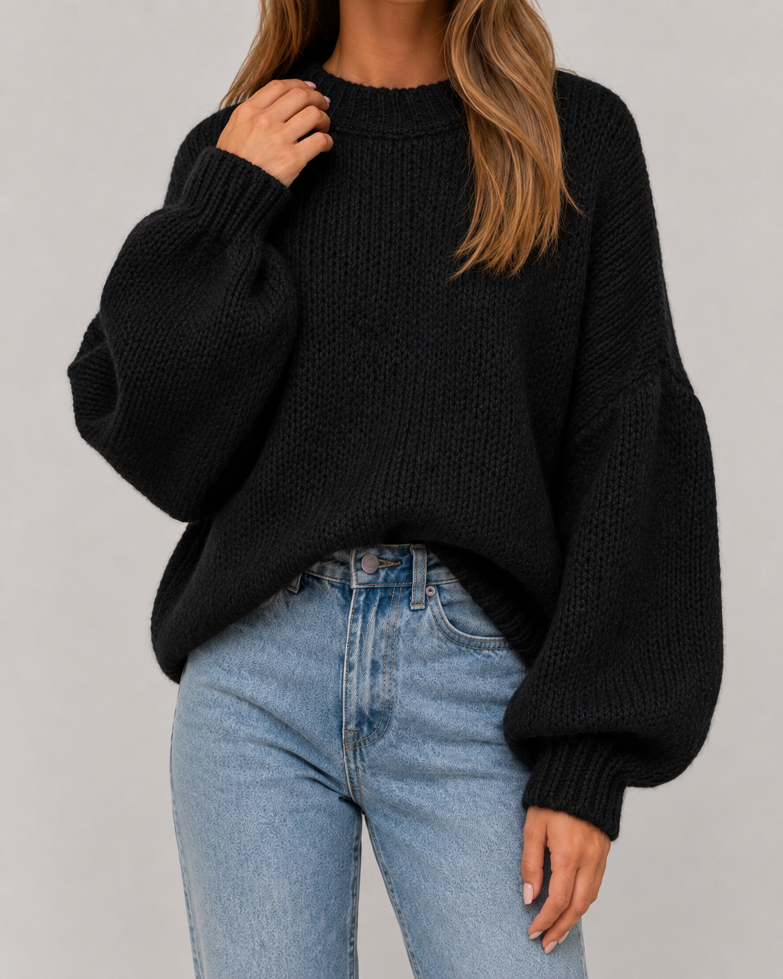 Crew Neck Balloon Sleeve Oversized Chunky Knit Sweater