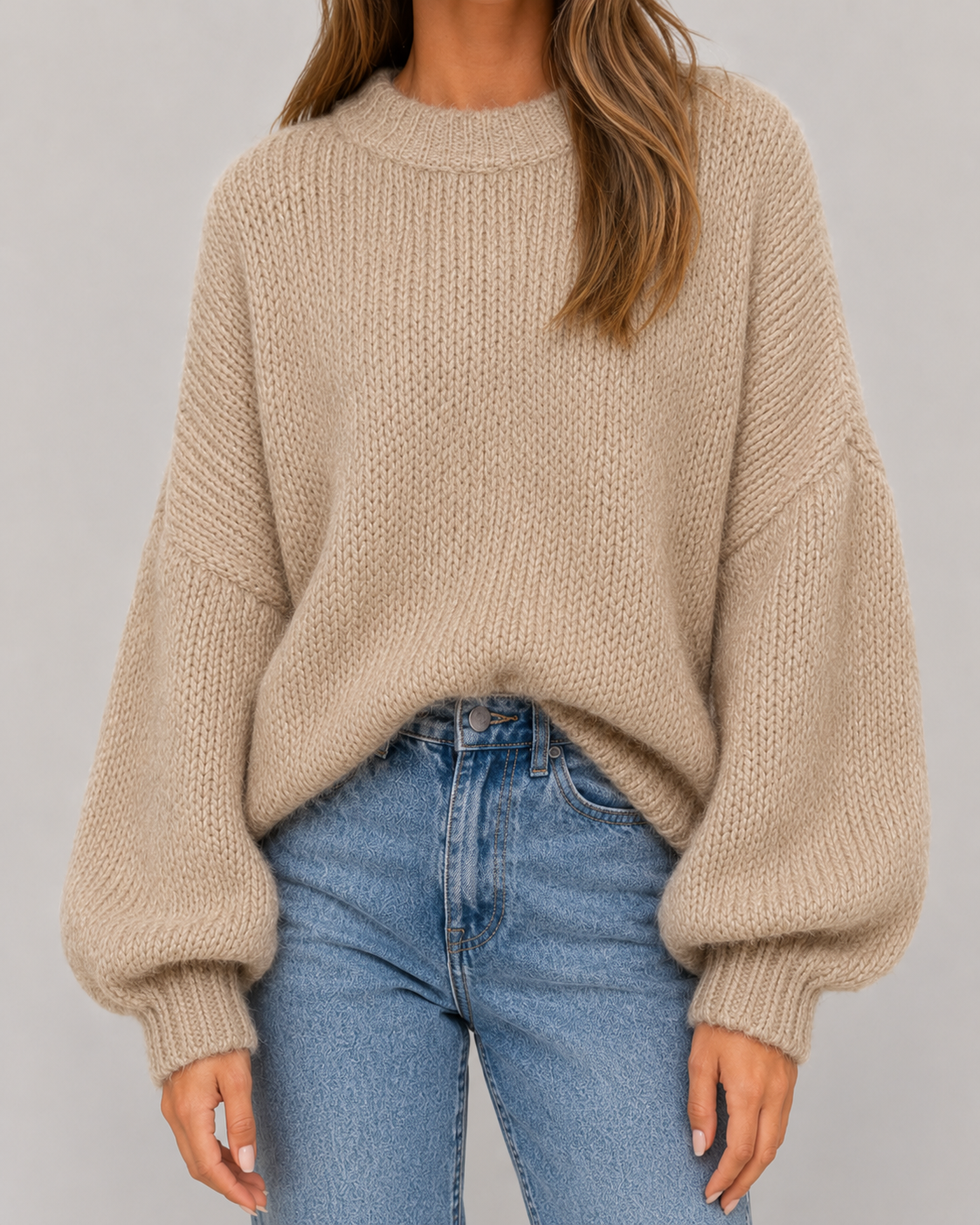 Crew Neck Balloon Sleeve Oversized Chunky Knit Sweater