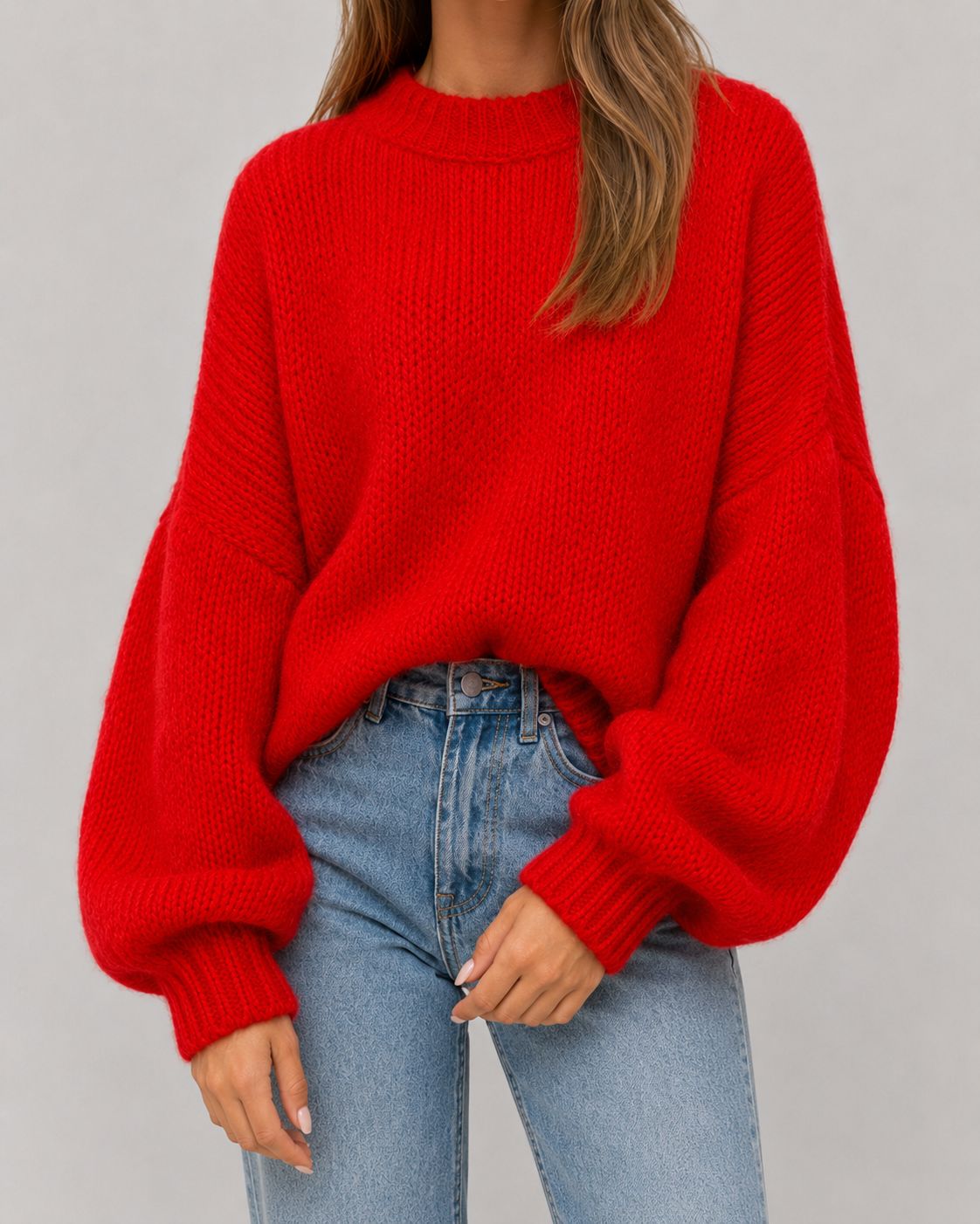 Crew Neck Balloon Sleeve Oversized Chunky Knit Sweater