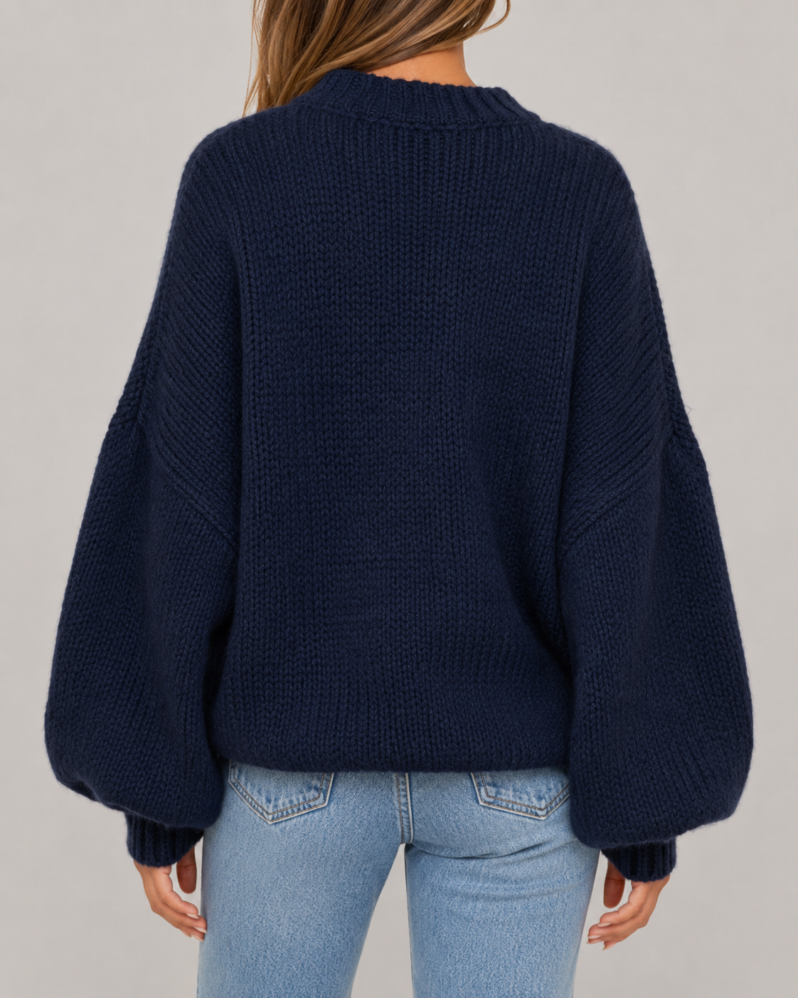 Crew Neck Balloon Sleeve Oversized Chunky Knit Sweater
