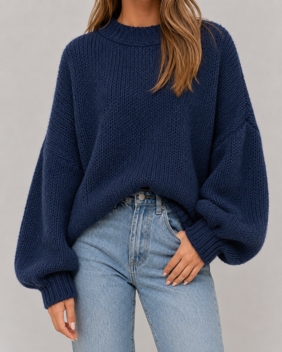 Crew Neck Balloon Sleeve Oversized Chunky Knit Sweater