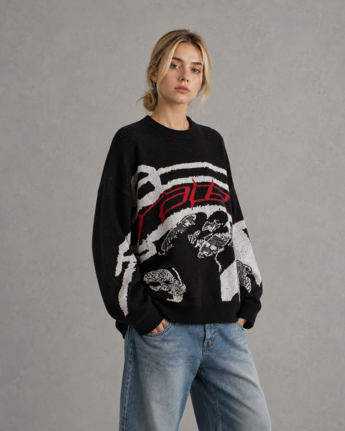 Graphic Print Crew Neck Oversized Knit Sweater