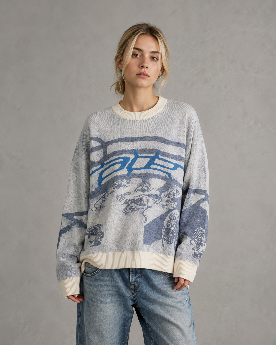 Graphic Print Crew Neck Oversized Knit Sweater