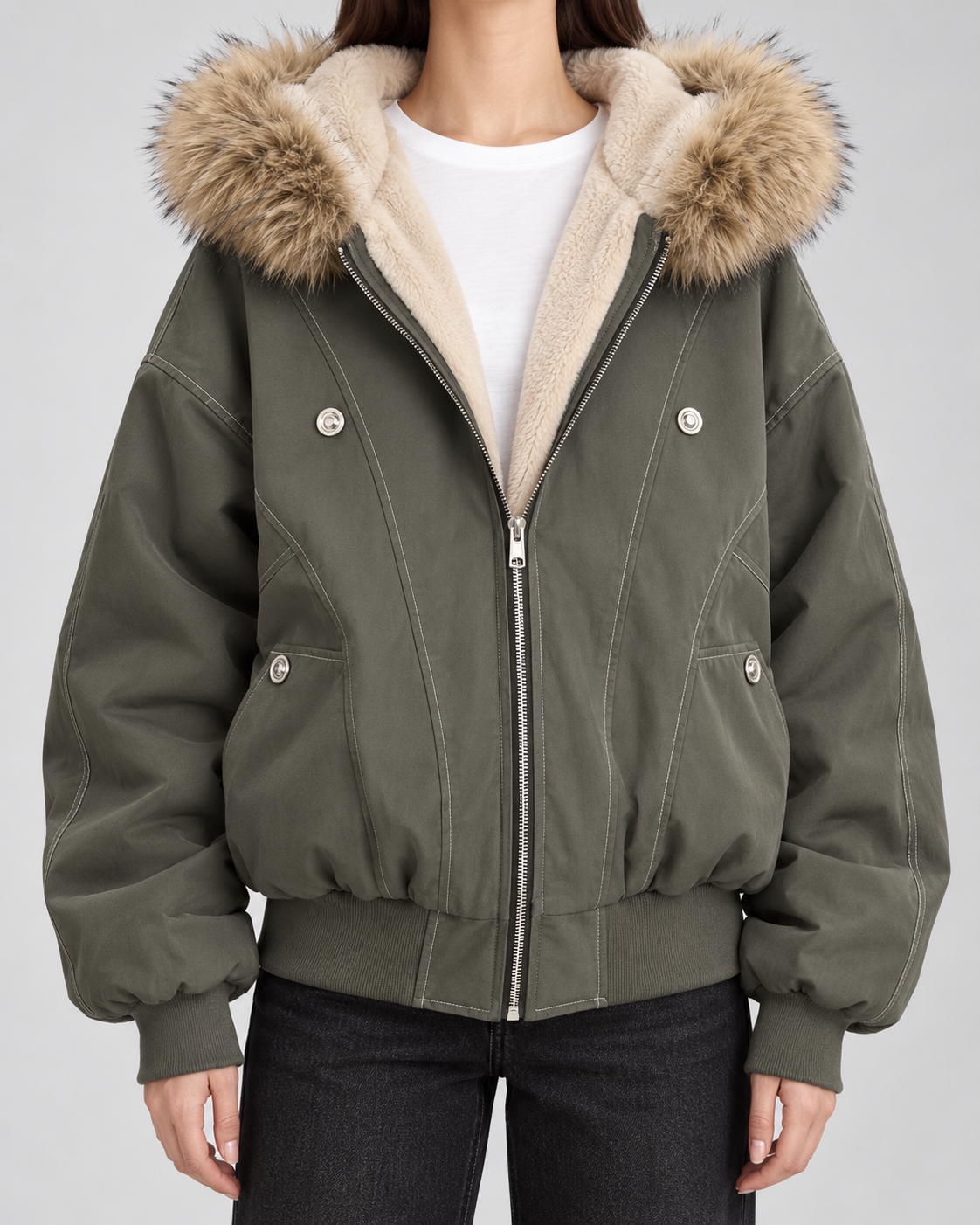 Women's Oversized Hooded Bomber Jacket with Fur Trim