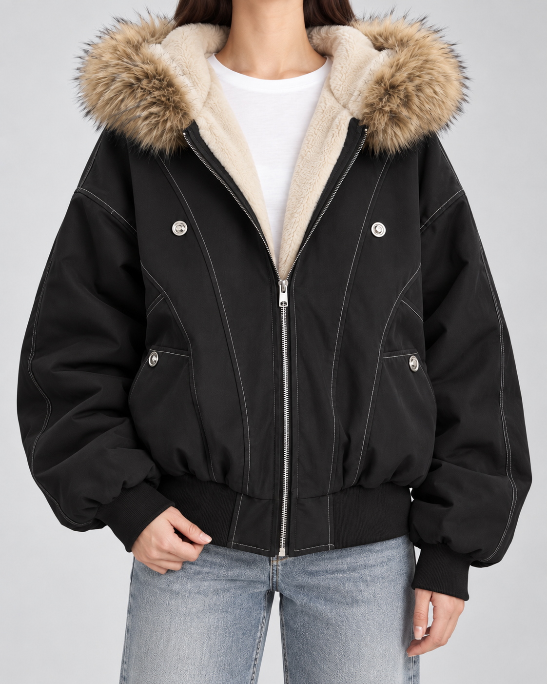 Women's Oversized Hooded Bomber Jacket with Fur Trim