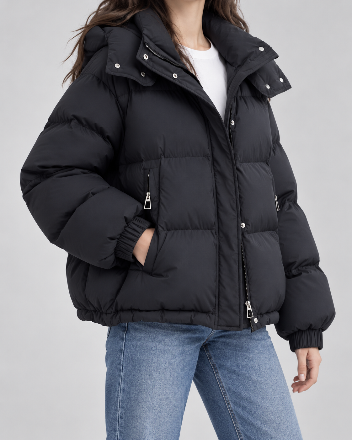 Women's Oversized Hooded Puffer Jacket - Zip-Front