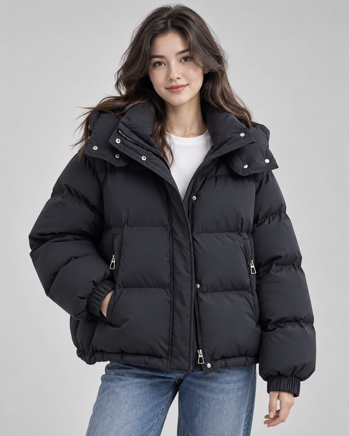 Women's Oversized Hooded Puffer Jacket - Zip-Front