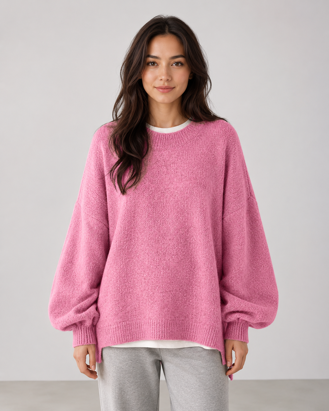 Women's Oversized Knit Sweater - Balloon Sleeve Crew Neck Relaxed Fit