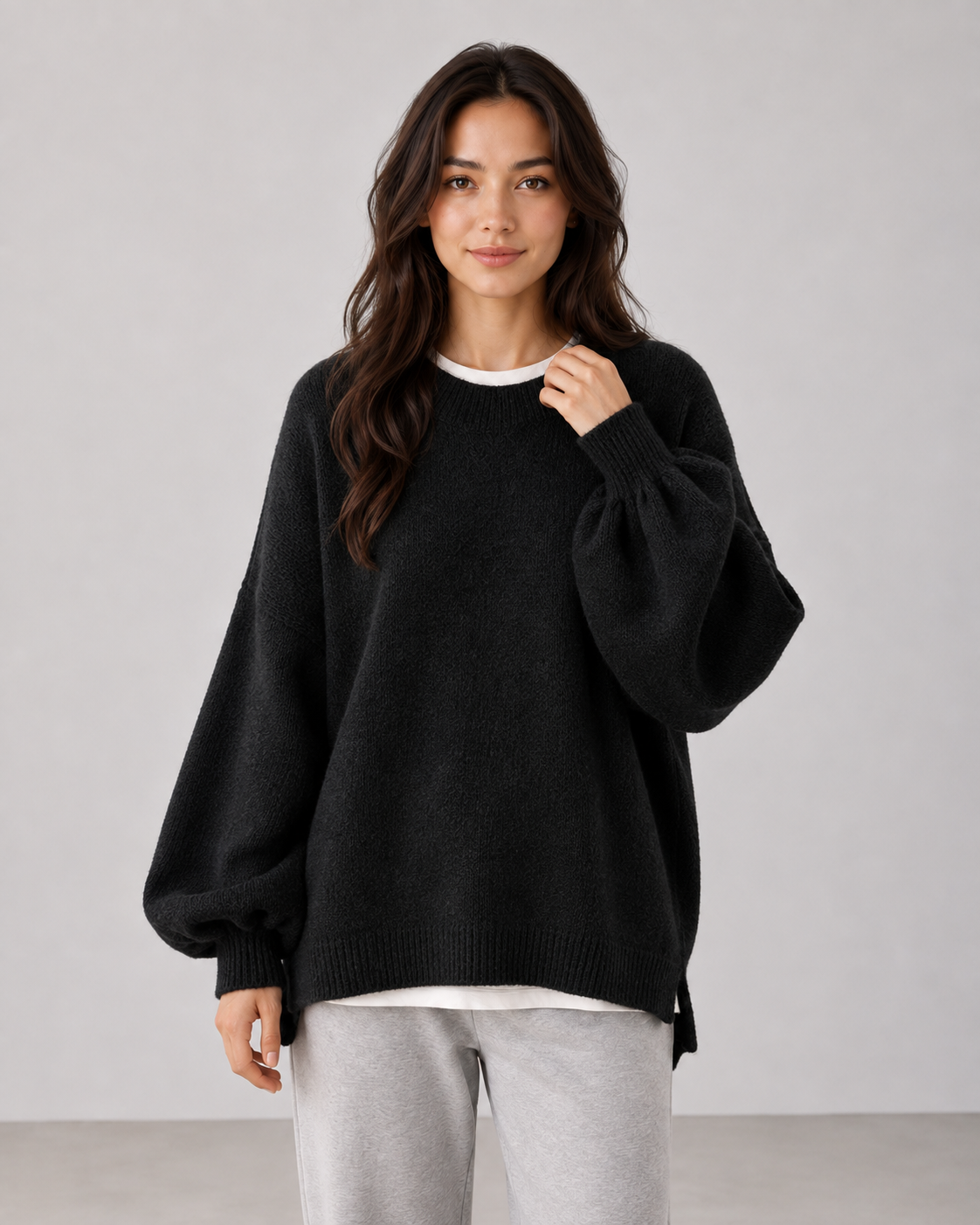 Women's Oversized Knit Sweater - Balloon Sleeve Crew Neck Relaxed Fit