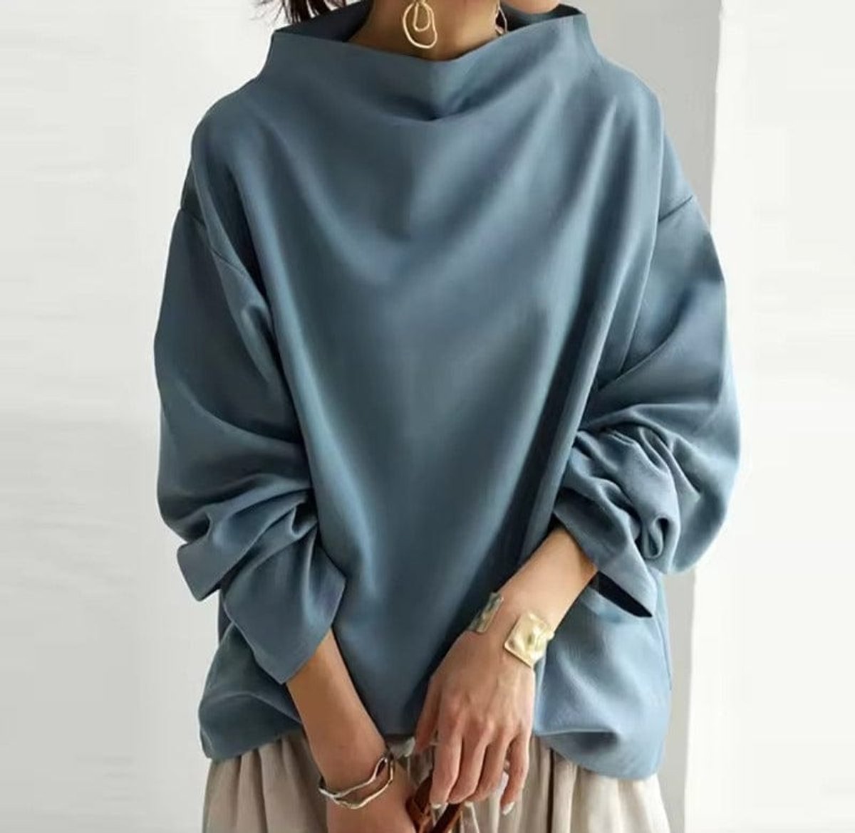 Mock Neck Drop Shoulder Long Sleeve Loose Top