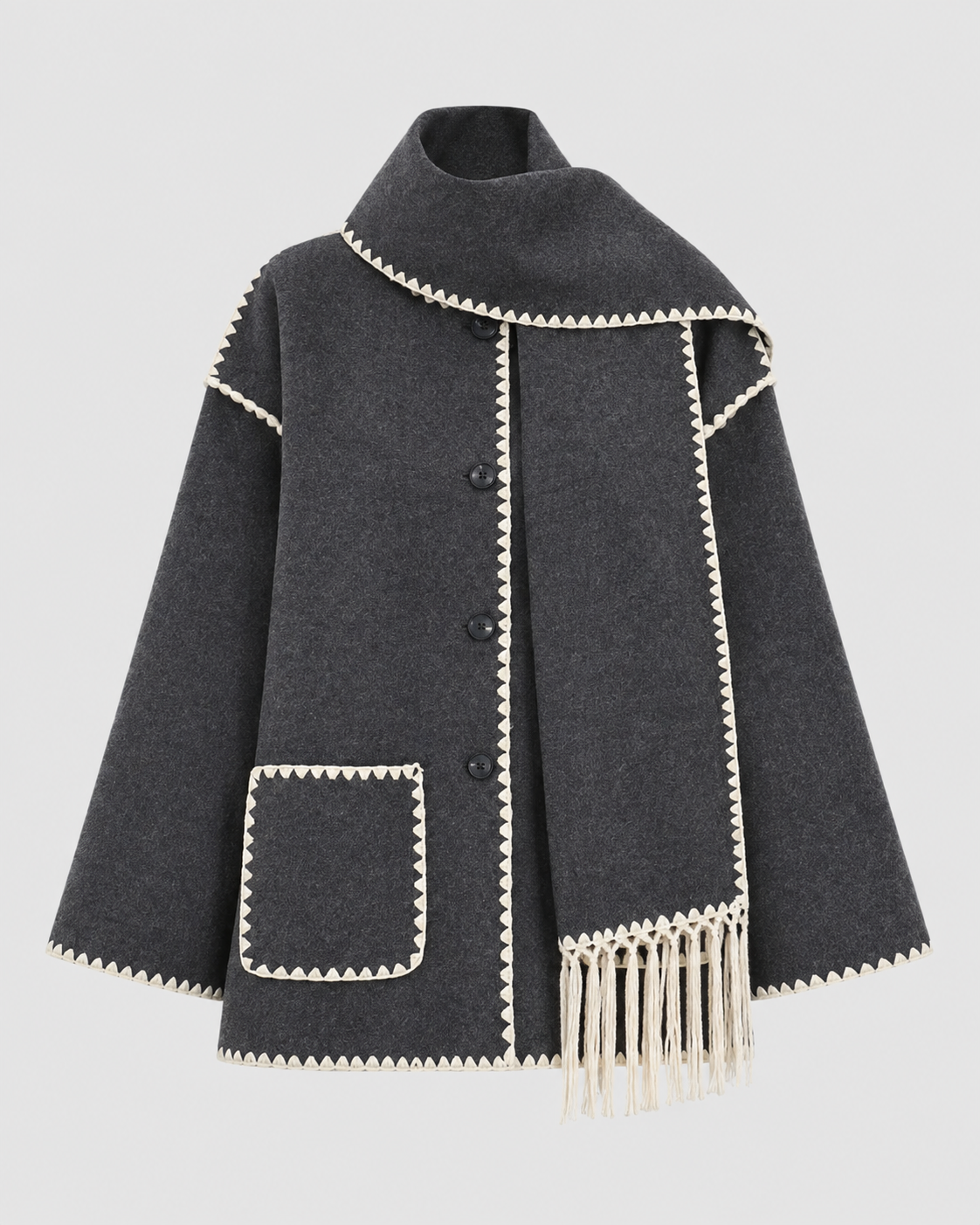 Whipstitch Trim Fringe Oversized Scarf Coat