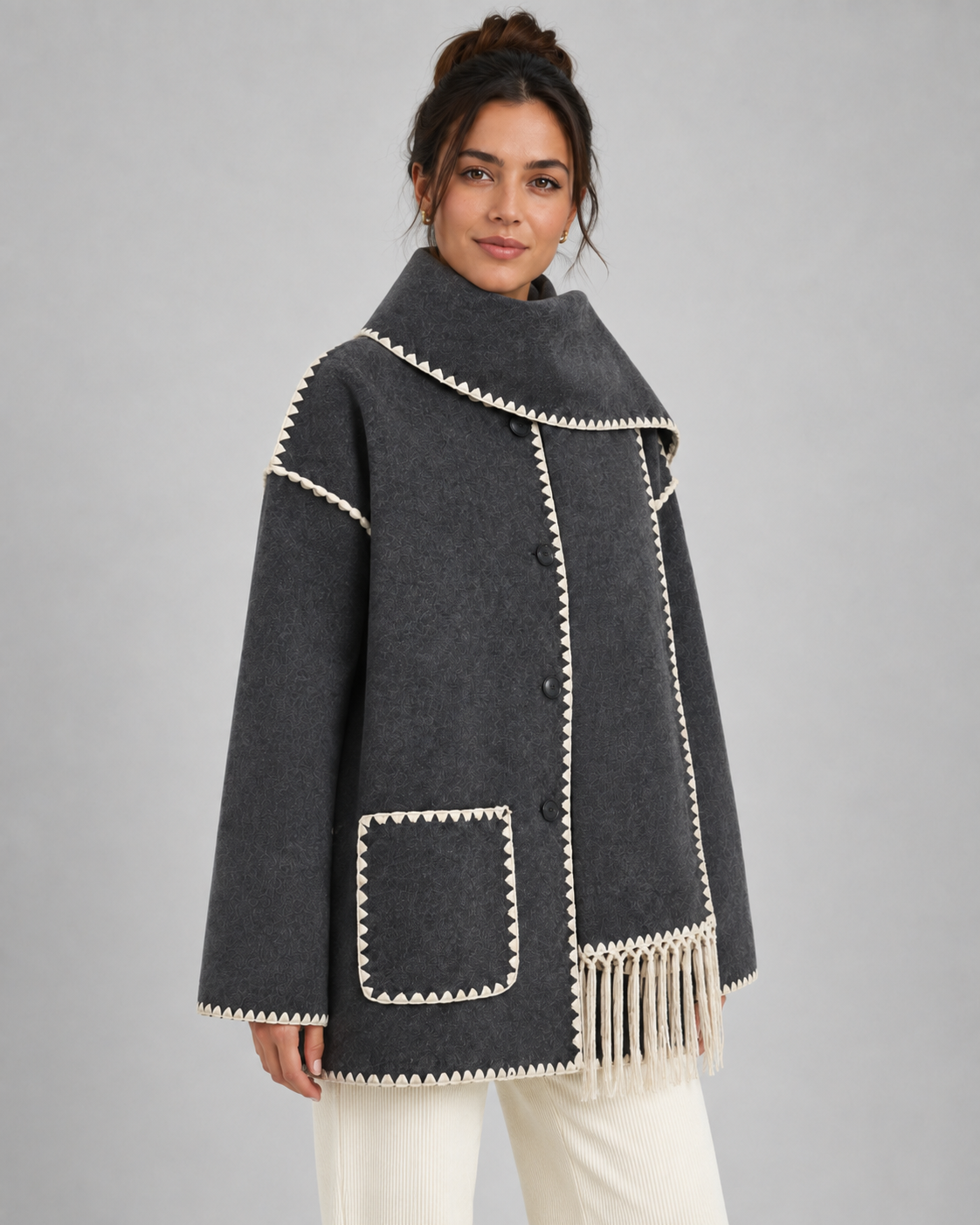 Whipstitch Trim Fringe Oversized Scarf Coat