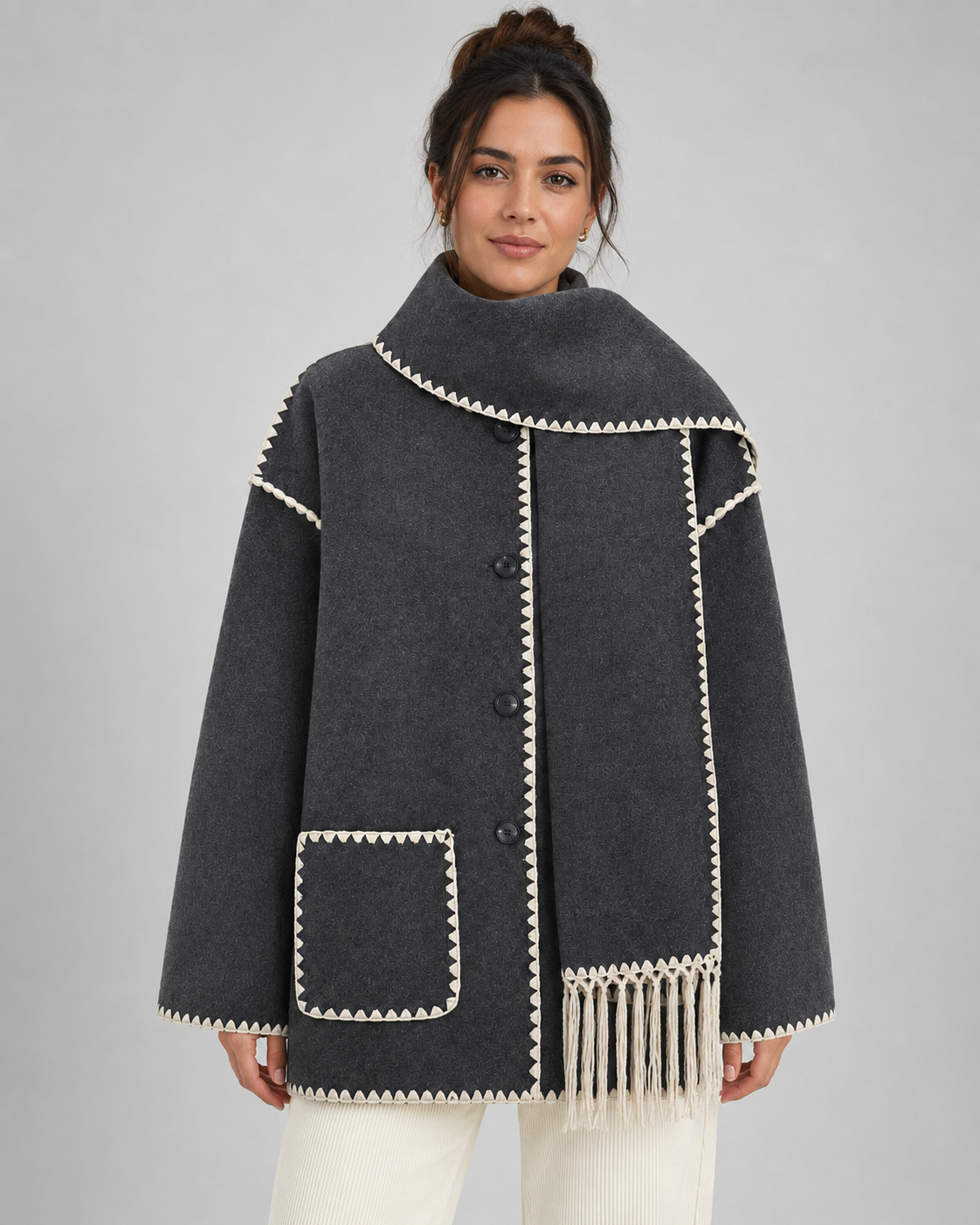 Whipstitch Trim Fringe Oversized Scarf Coat