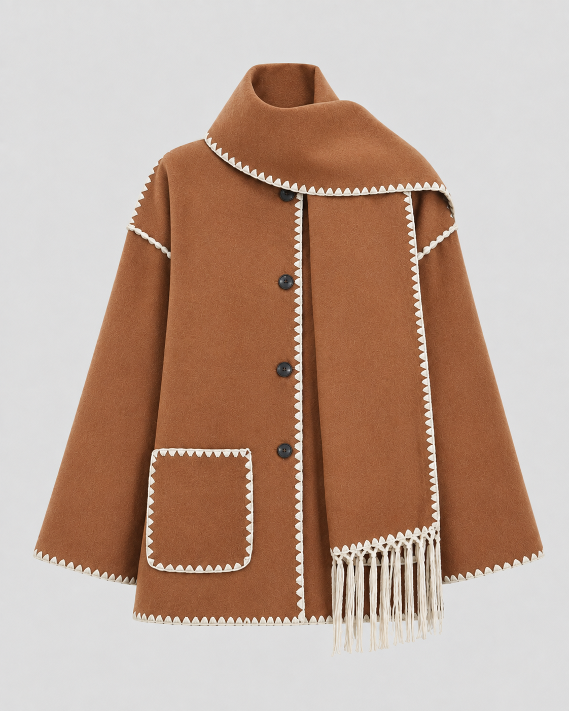 Whipstitch Trim Fringe Oversized Scarf Coat