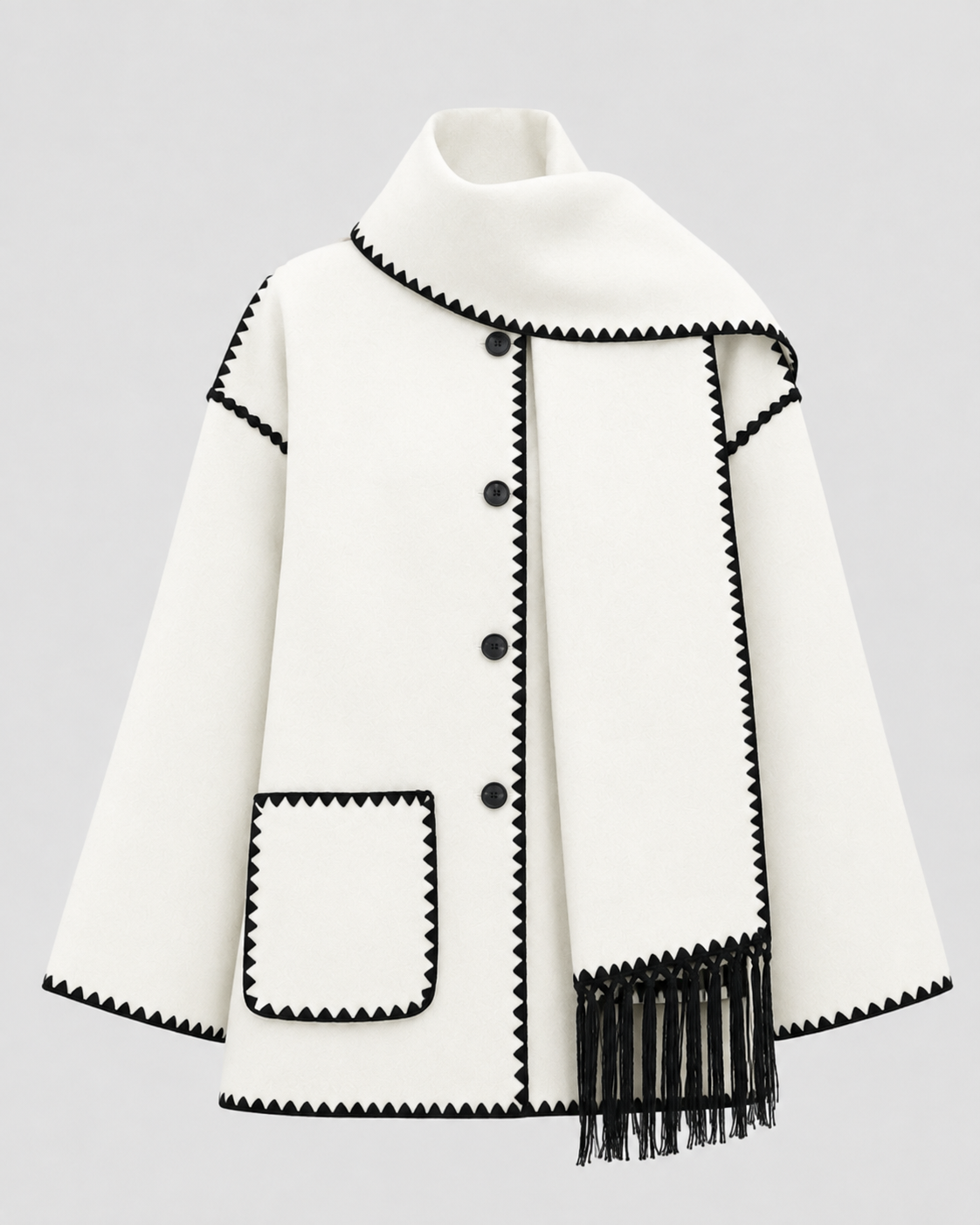 Whipstitch Trim Fringe Oversized Scarf Coat