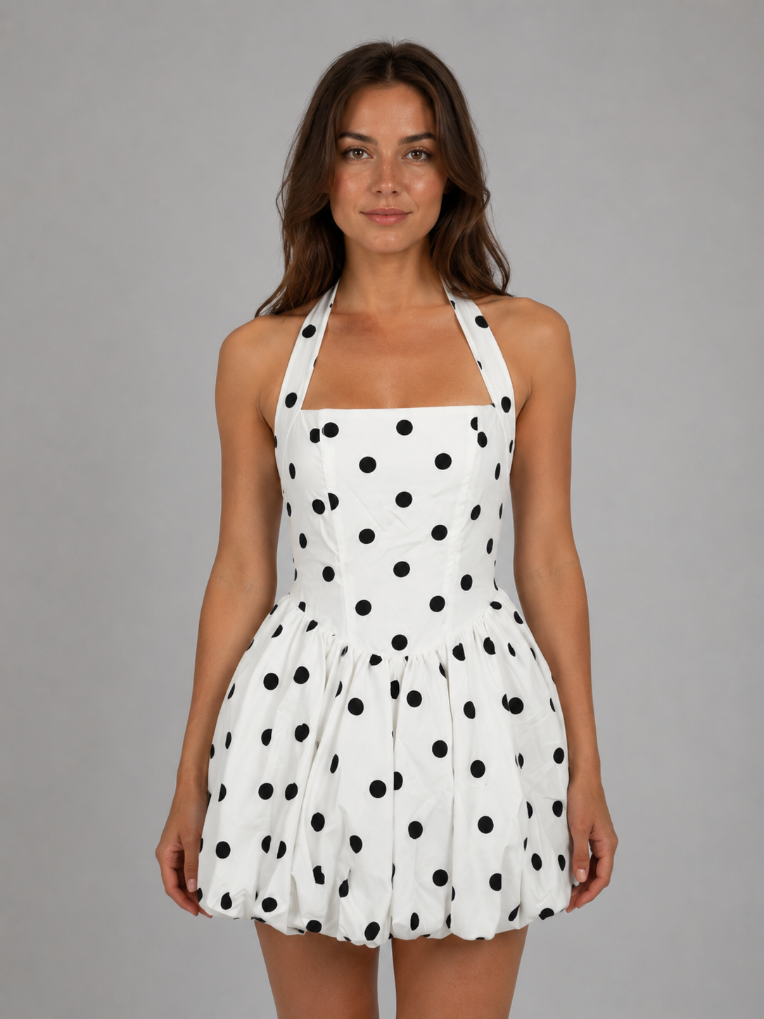 Polka Dot Halter Square Neck Bubble Hem Mini Dress
