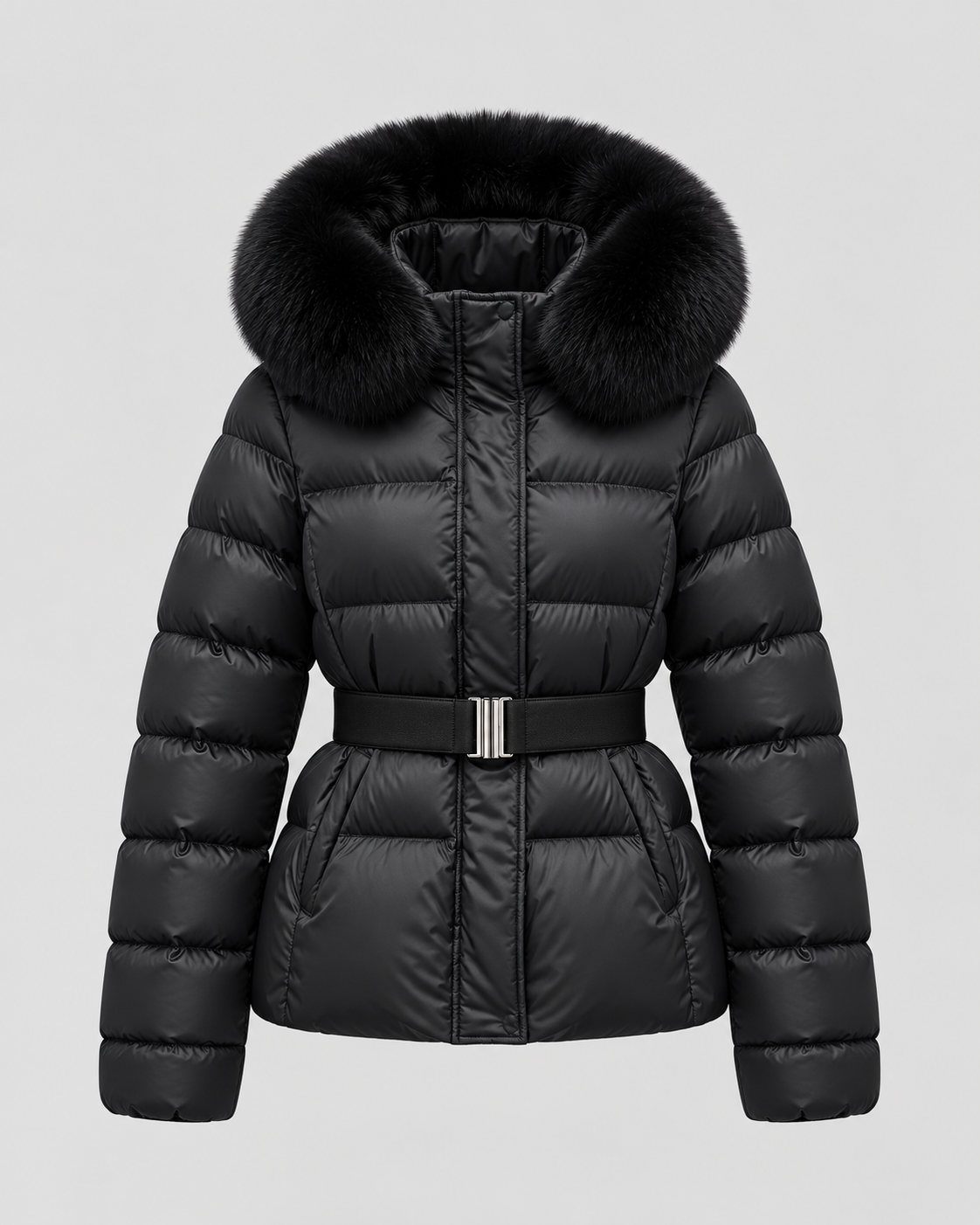 Faux Fur Hood Belted Waist Quilted Puffer Jacket