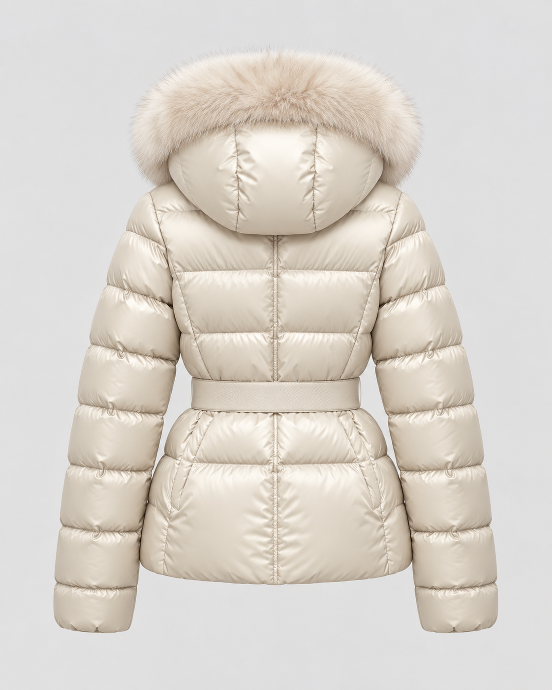 Faux Fur Hood Belted Waist Quilted Puffer Jacket