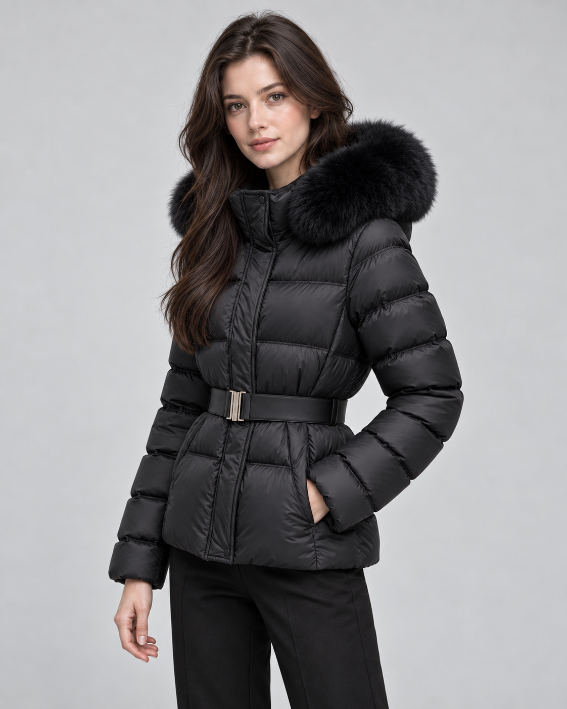 Faux Fur Hood Belted Waist Quilted Puffer Jacket