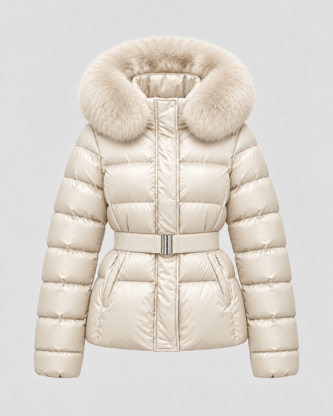 Faux Fur Hood Belted Waist Quilted Puffer Jacket