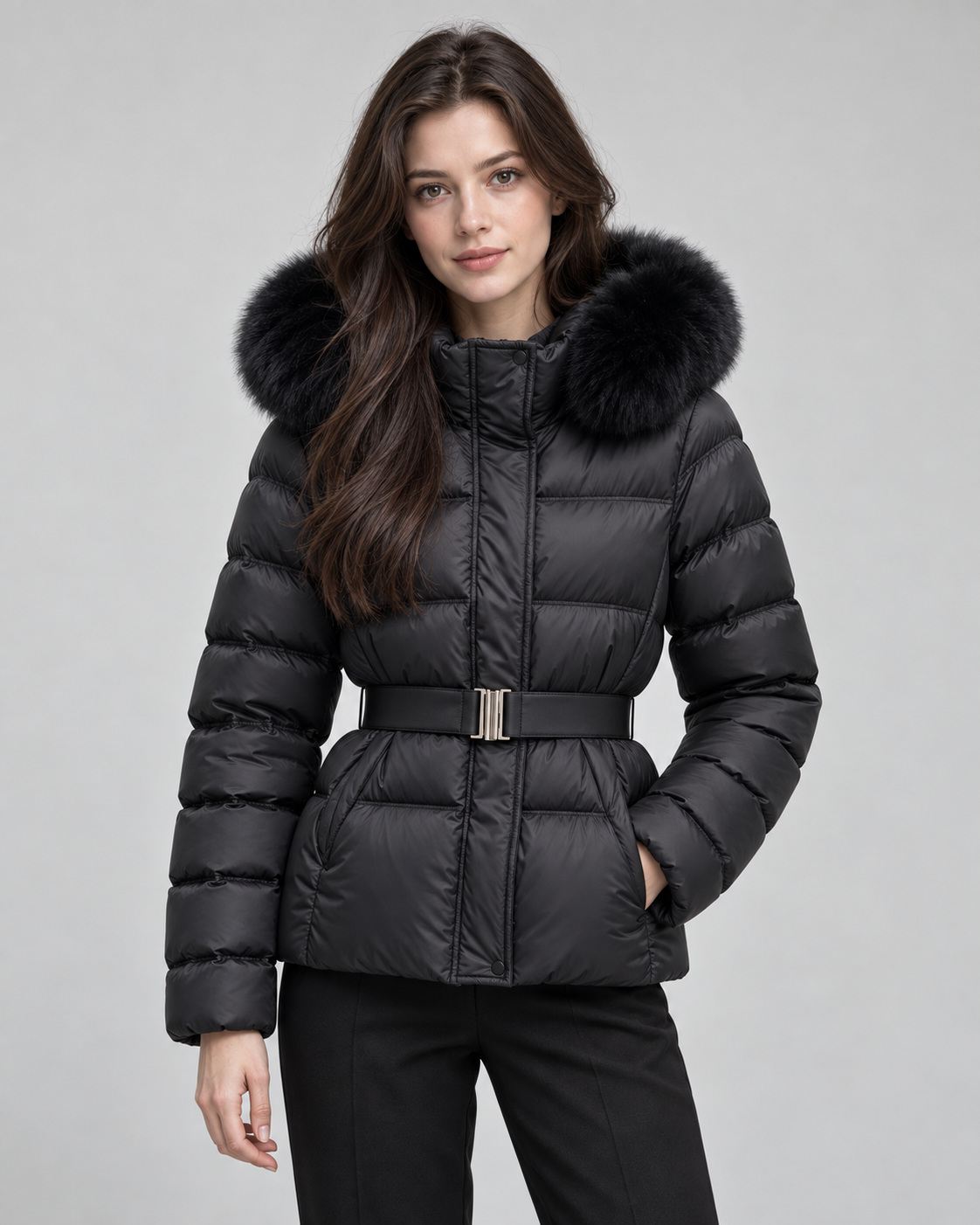 Faux Fur Hood Belted Waist Quilted Puffer Jacket