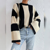 Women's Pullover Ribbed Knit Patchwork Striped Sweater Beige __stock:200 clothes refund_fee:1200 tops