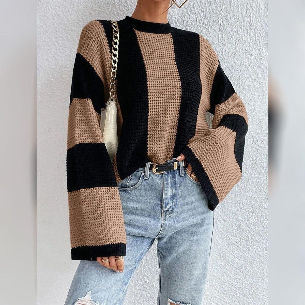 Colorblock Wide Stripe Waffle Knit Bell Sleeve Oversized Sweater 13