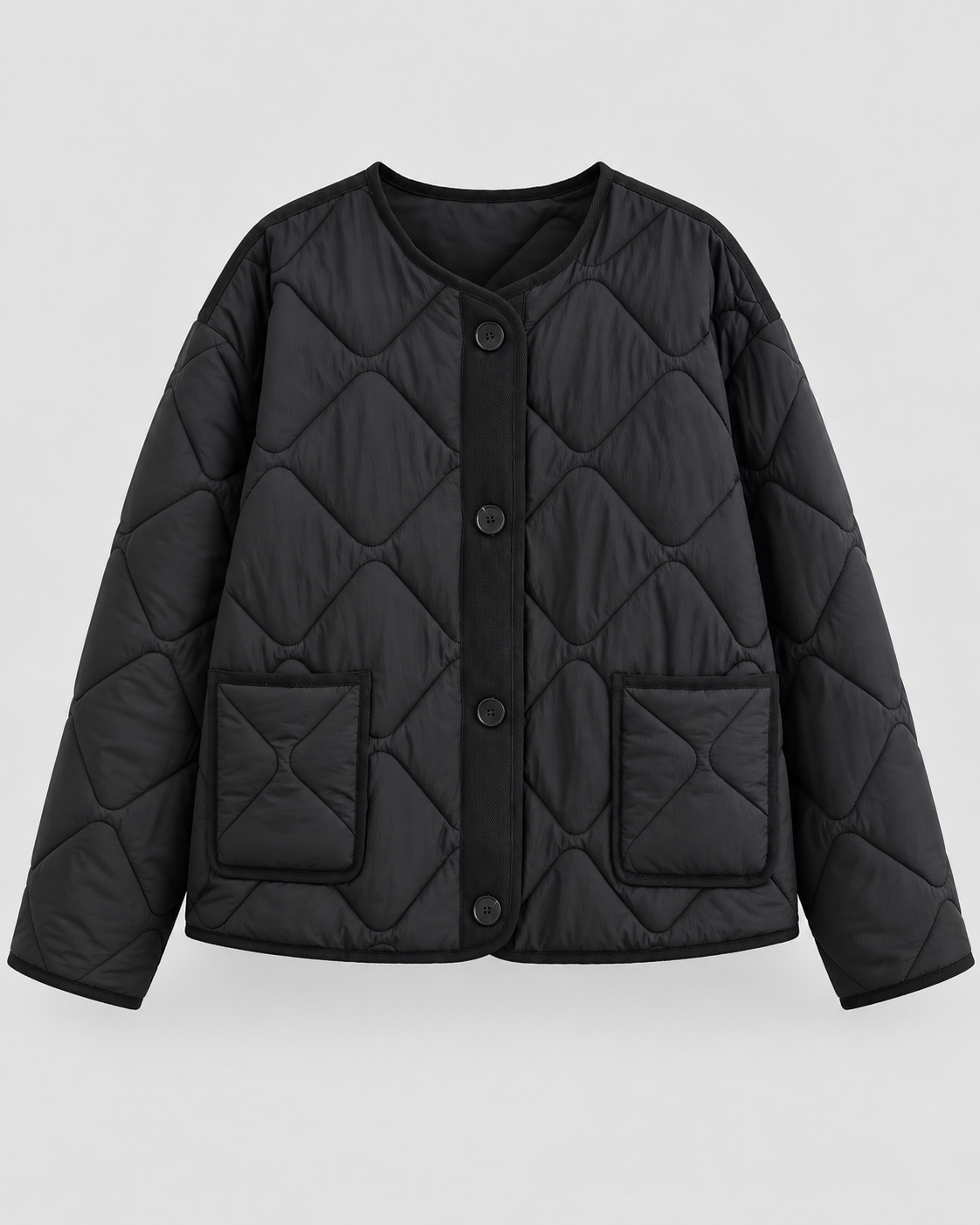 Diamond Quilted Button Front Collarless Jacket