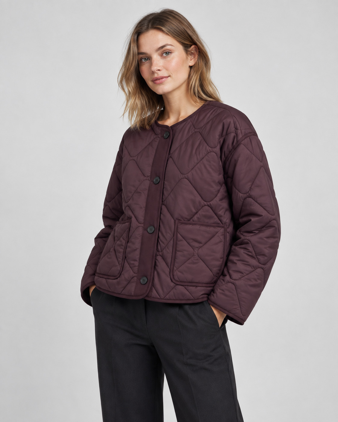 Diamond Quilted Button Front Collarless Jacket